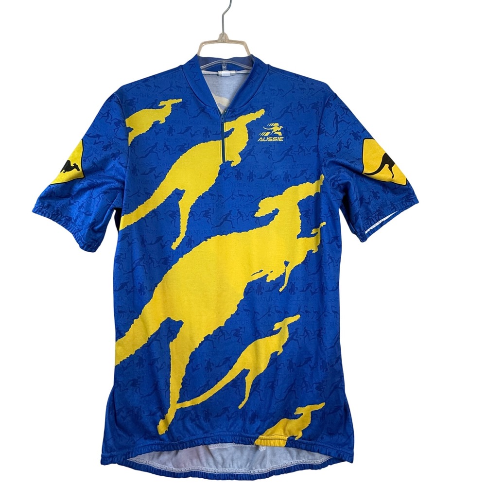 Vintage Aussie Kangaroo Cycling Jersey‎ Mens XL Blue Yellow Short Sleeve Biking